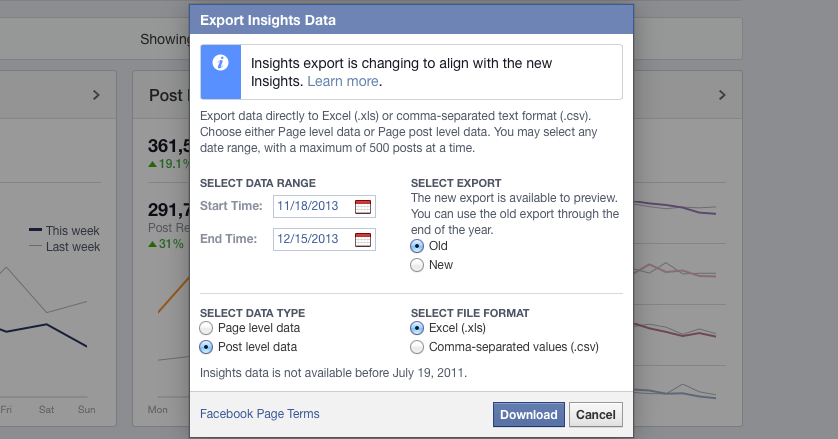 facebook insights export select data 700x366 14 Facebook Marketing Goals for 2014
