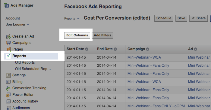 Facebook Ad Reports Edit Columns