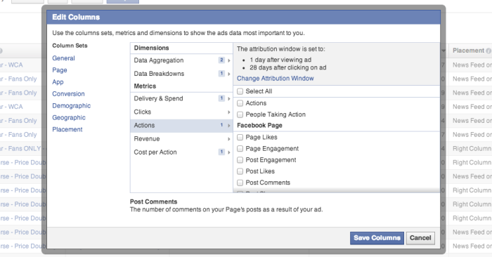 Facebook Edit Columns Actions