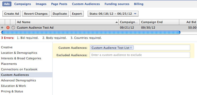 Facebook Custom Audience Ad Creation