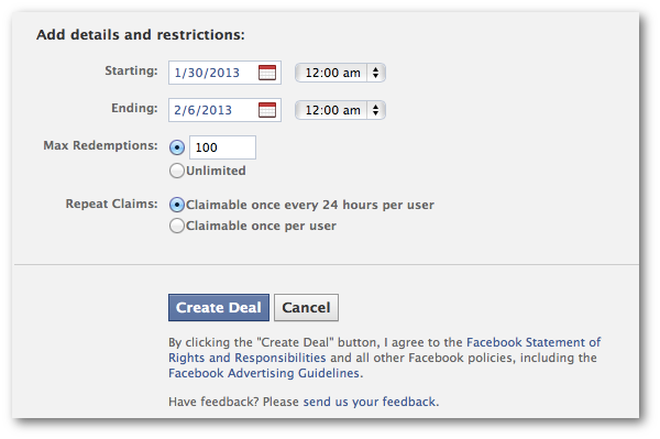 Facebook Check-in Deal Restrictions