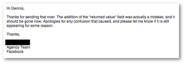 Facebook Returned Value Metric Email