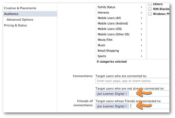 Facebook Power Editor Create Ad Connections Friends of Fans