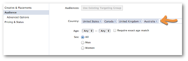 Facebook Power Editor Create Ad Countries