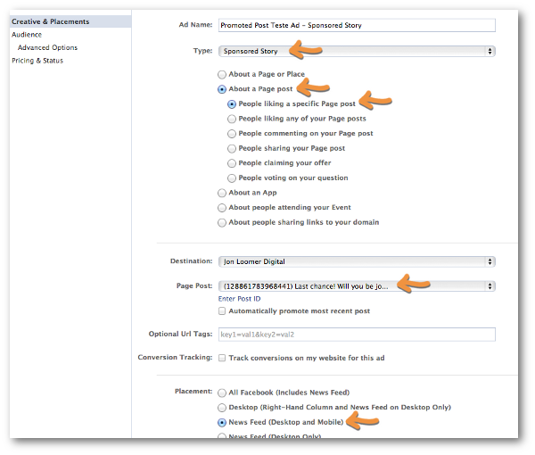 Facebook Power Editor Create Ad Sponsored Story