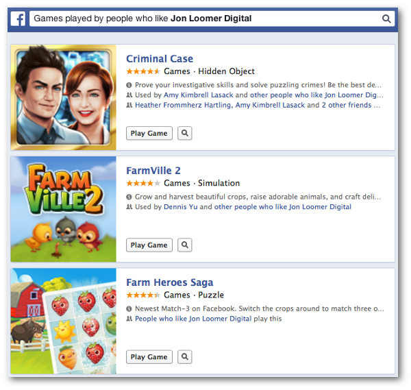 Facebook Graph Search Games Played