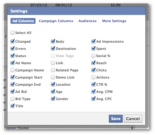 Facebook Power Editor Ad Columns