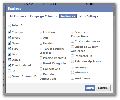 Facebook Power Editor Audience Columns