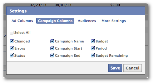 Facebook Power Editor Edit Campaign Columns