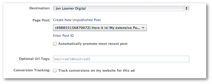 Facebook Power Editor Promoted Post Select