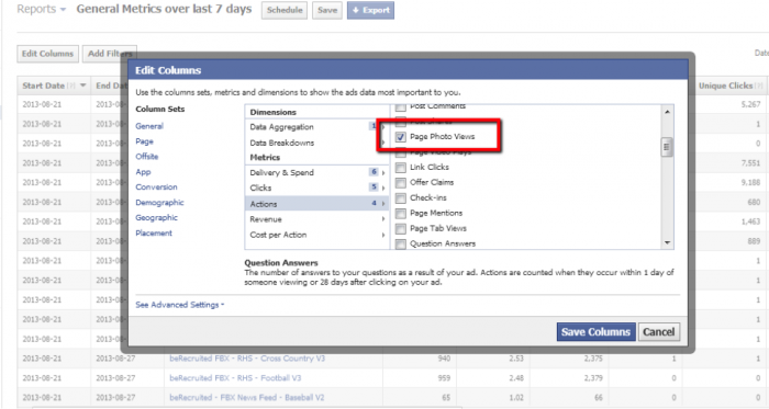 Facebook Ad Reports Edit Columns