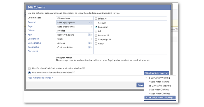 Facebook Ad Reports Window Selection Conversions