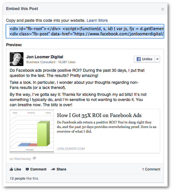 Facebook Embedded Post Code