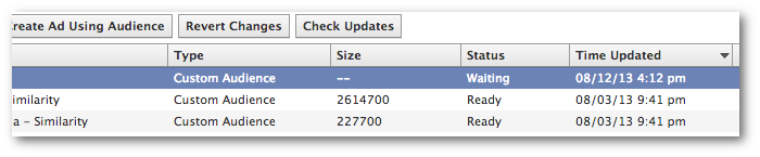 Facebook Power Editor Custom Audiences Status