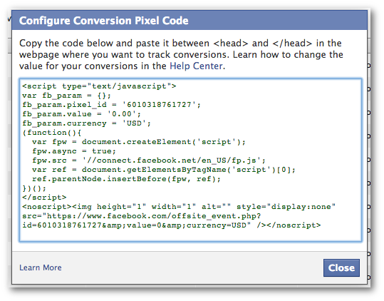 Facebook Power Editor Configure Conversion Pixel Code