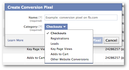 Facebook Power Editor Create Conversion Pixel Form