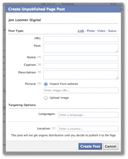 Facebook Power Editor Create New Unpublished Post