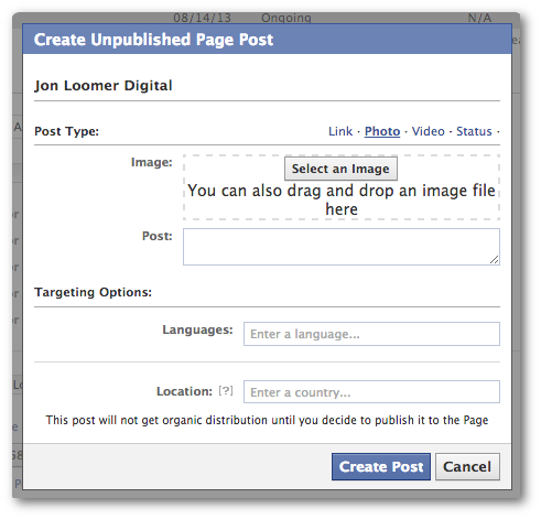 Facebook Power Editor Create New Unpublished Post Photo