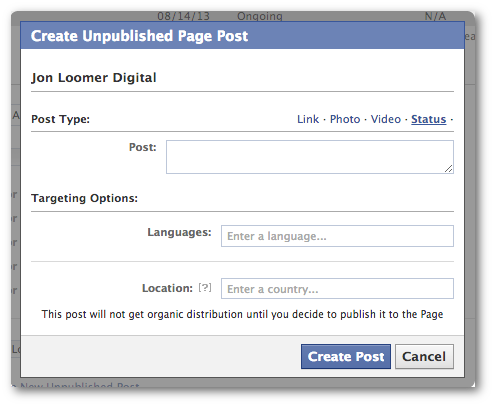 Facebook Power Editor Create New Unpublished Post Status