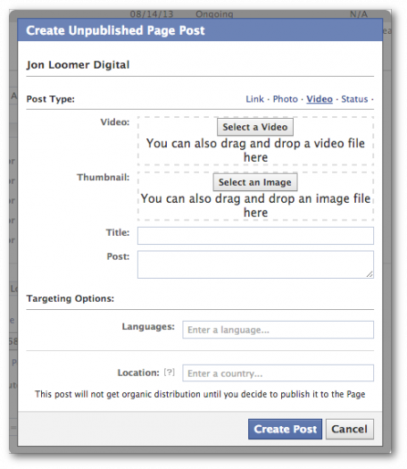 Facebook Power Editor Create New Unpublished Post Video