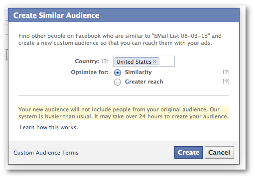 Facebook Power Editor Create Similar Audience Message