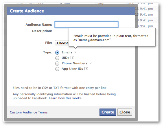 Facebook Power Editor Custom Audience Email Addresses