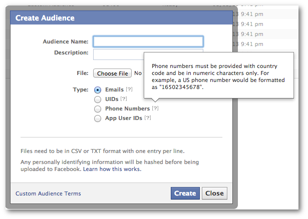 Facebook Power Editor Custom Audience Phone Numbers