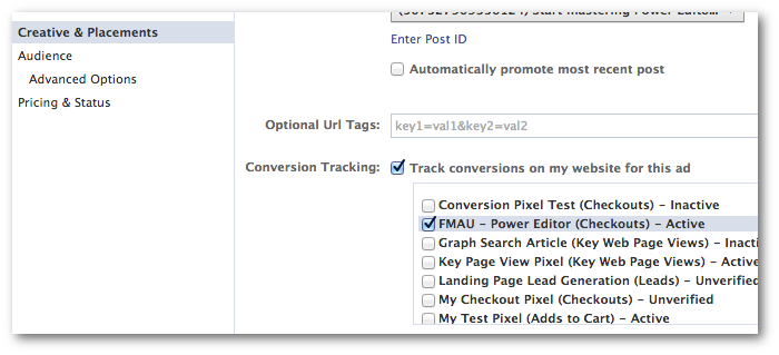 Facebook Power Editor Select Conversion Tracking