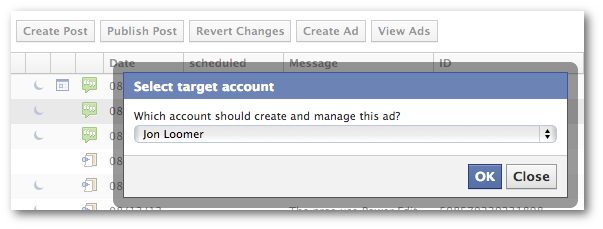 Facebook Power Editor Unpublished post Select Account