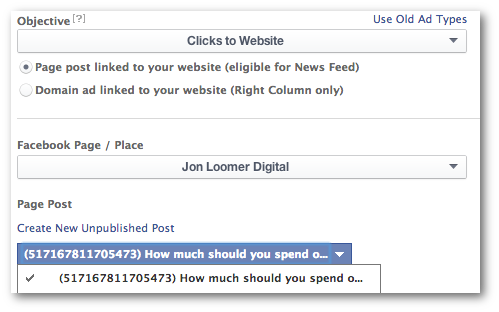 Facebook Power Editor Objective Promote Post