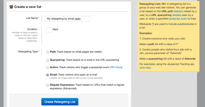 Facebook FBX Create Email Retargeting List