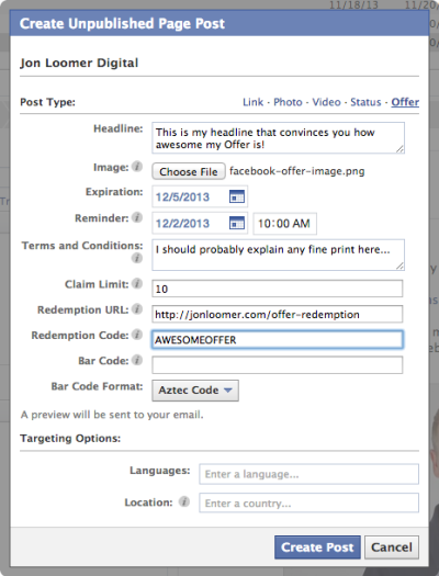 Facebook Power Editor Unpublished Post Offer Completed