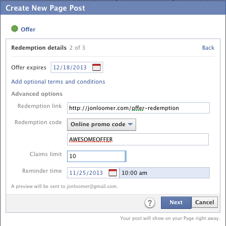 Facebook Self Serve Ad Tool Objectives Create Offer Step 2