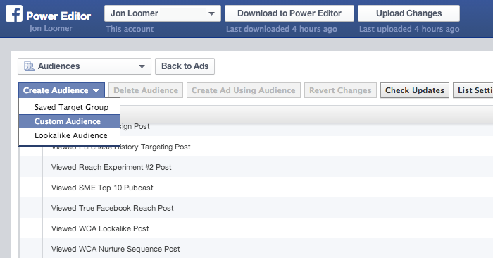 Facebook Power Editor Create Custom Audience