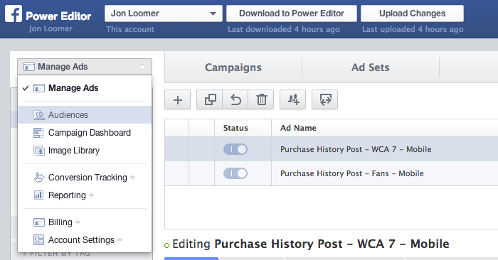 Facebook Power Editor Manage Ads