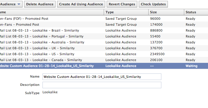 Facebook Lookalike Audience Status