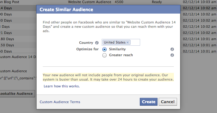 Facebook Power Editor Create Similar Audience for WCA