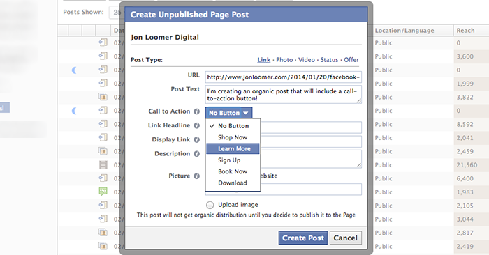 Facebook power Editor Create Unpublished Post