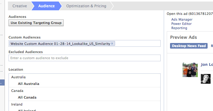 Facebook Power Editor Enter Custom Audience Ad