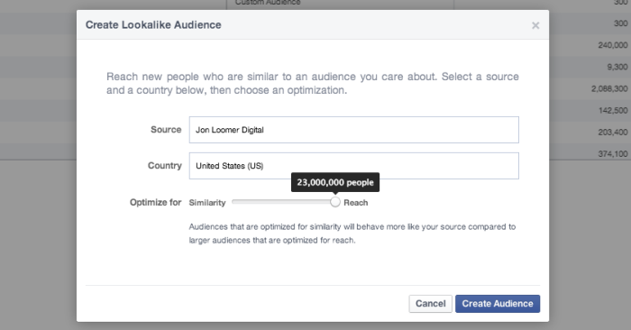 Facebook Power Editor Create Lookalike Audience Reach