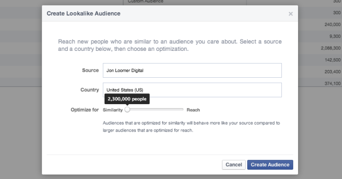 Facebook Power Editor Create Lookalike Audience Similarity