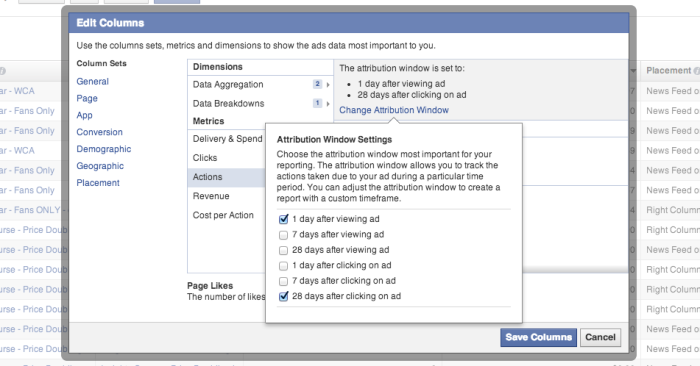 Facebook Edit Columns Attribution Window Settings