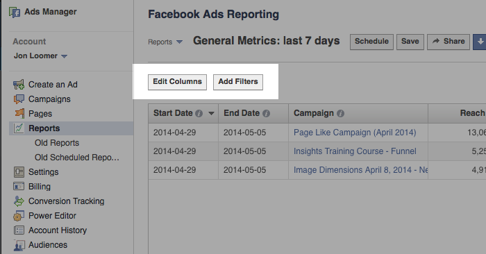 Facebook Ad Reports Edit Columns and Add Filters