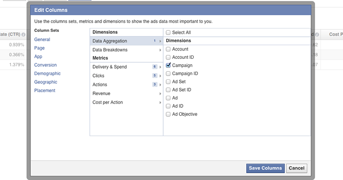 Facebook Ad Reports Edit Columns Dialog