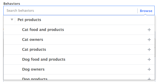 Facebook Power Editor Behavior Pet Products