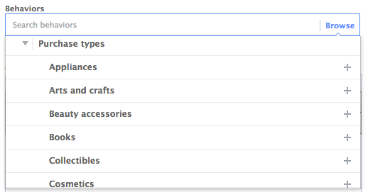 Facebook Power Editor Behavior Purchase Types