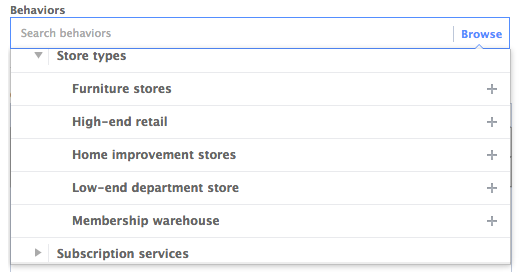 Facebook Power Editor Behavior Store Types