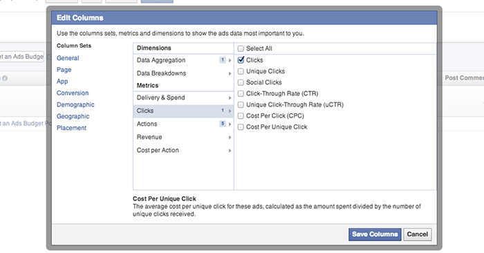 Facebook Ad Reports Edit Columns Clicks