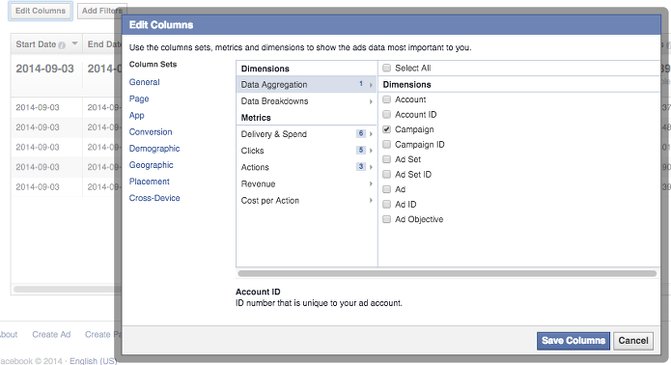Facebook Ad Reports Edit Columns