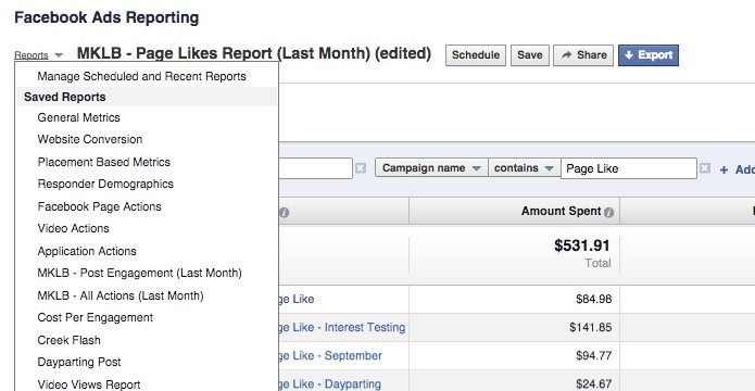 Facebook Ad Reports Saved Reports